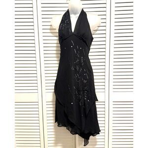 BCBGMaxAzria black Asymmetrical beaded sequin halter dress size 4